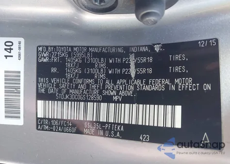 2016 Toyota Sienna Le 7 Passenger from USA, damaged, VIN 5TDJK3DC0GS128590